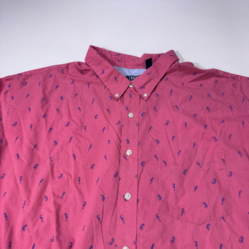 IZOD Mens 4XL Short Sleeve Button Down Shirt Pink Seahorse AOP Nautical Beach